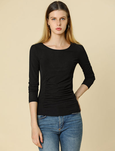 Round Neck Long Sleeve Solid Fitted Ruched Top