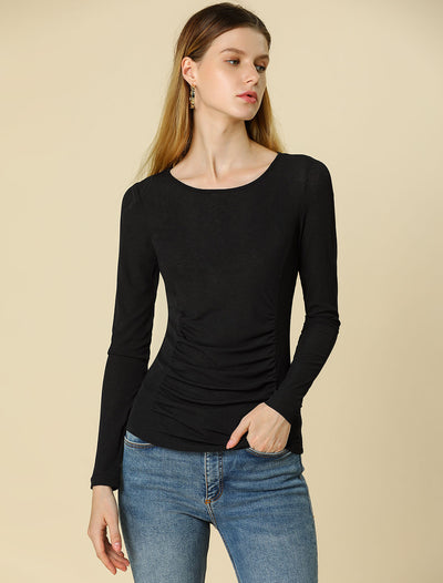 Round Neck Long Sleeve Solid Fitted Ruched Top