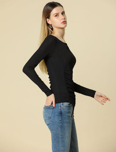 Round Neck Long Sleeve Solid Fitted Ruched Top