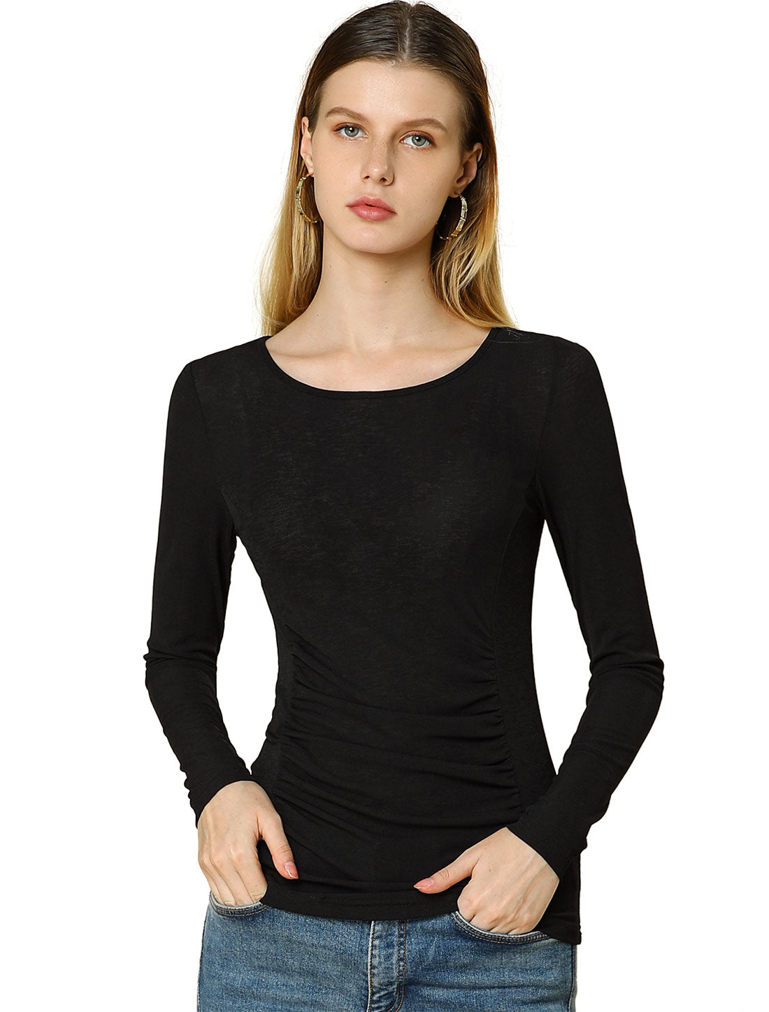 Allegra K Round Neck Long Sleeve Solid Fitted Ruched Top