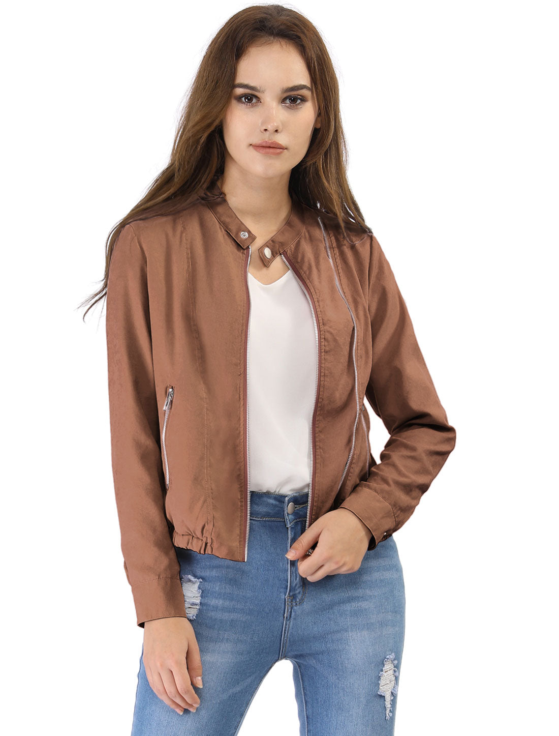 Allegra K Casual Stand Collar Pocket Short Biker Lightweight Moto Jacket