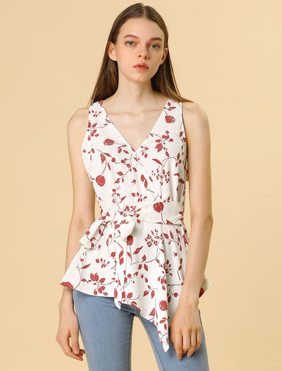 Sleeveless V Neck Tie Waist Asymmetric Hem Floral Peplum Top