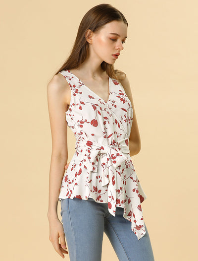 Sleeveless V Neck Tie Waist Asymmetric Hem Floral Peplum Top