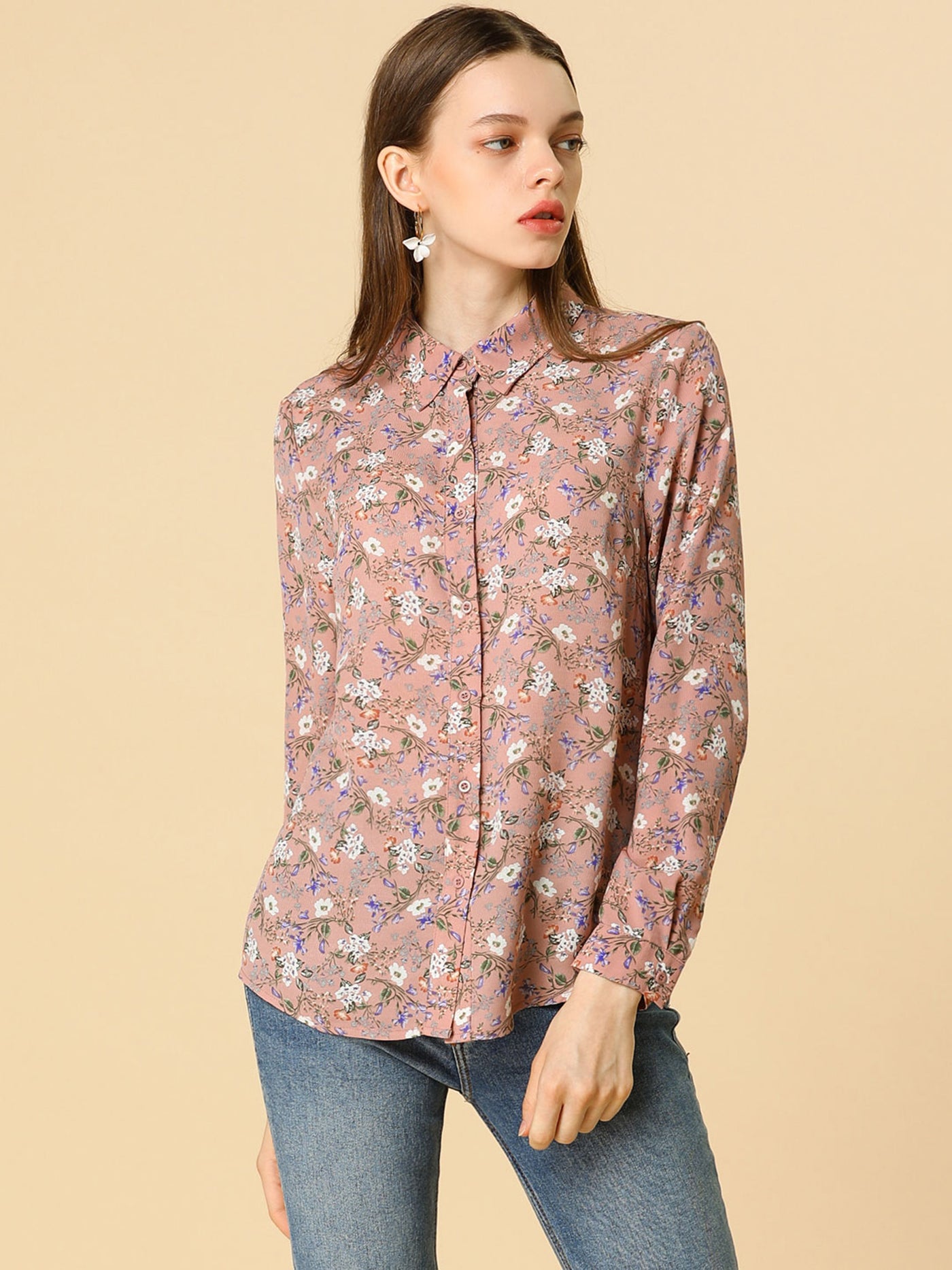 Allegra K Button Down Floral Shirt Blouse Long Sleeve Point Collar Top