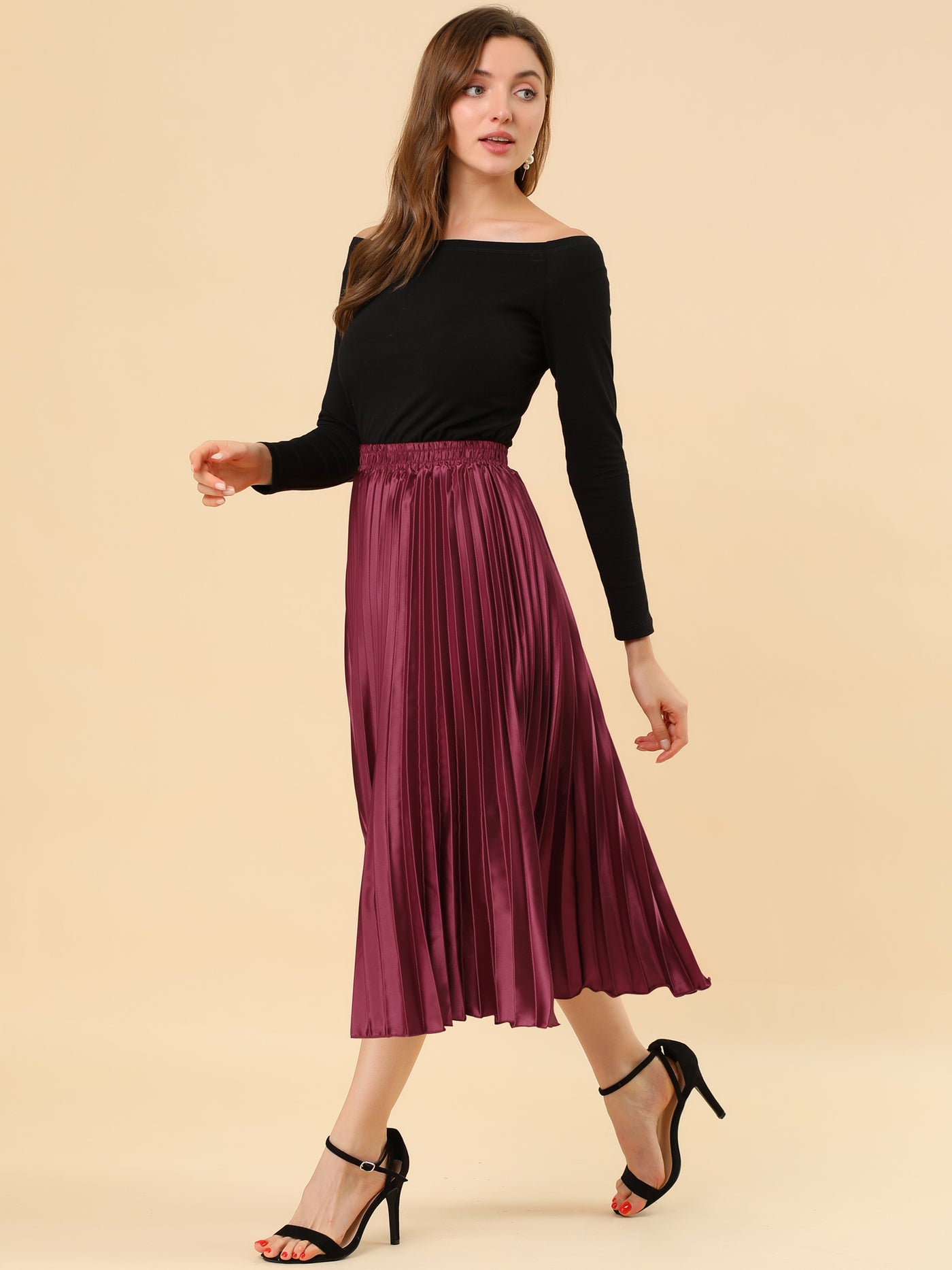 Allegra K Elastic Waist Metallic Shiny Accordion Pleated Midi Skirt