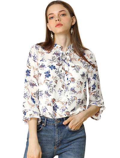 Ruffle Collar 3/4 Sleeve Tie Neck Chiffon Floral Blouse Top