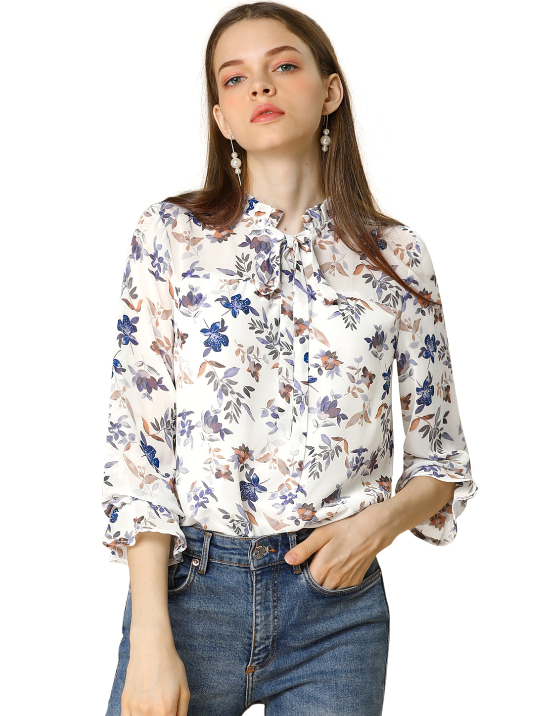 Allegra K Ruffle Collar 3/4 Sleeve Tie Neck Chiffon Floral Blouse Top