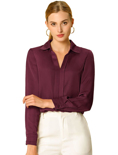 Satin Elegant V Neck Long Sleeve Silky Office Work Blouse