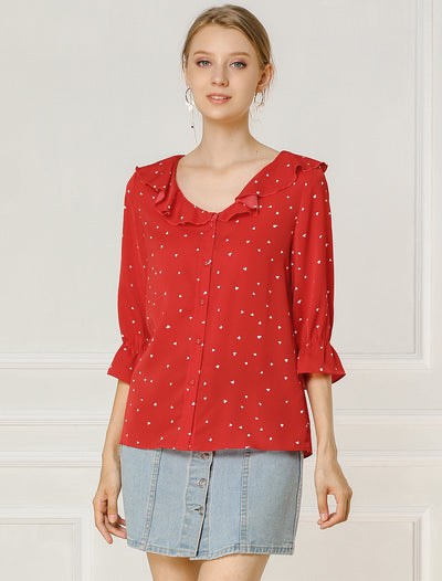 Button Down Shirt Ruffled Collar Elbow Sleeve Heart Print Blouse