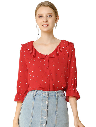 Button Down Shirt Ruffled Collar Elbow Sleeve Heart Print Blouse