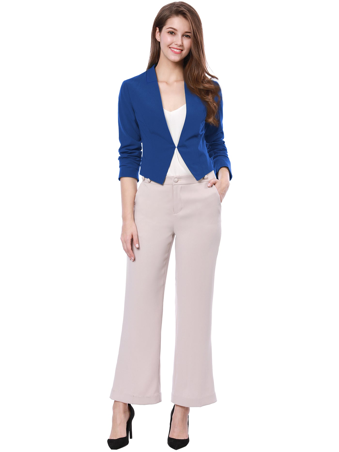 Allegra K Solid Color Collarless Cropped Office Blazer Jacket