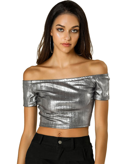 Halloween Off Shoulder Party Club Slim Fit Shiny Metallic Crop Top