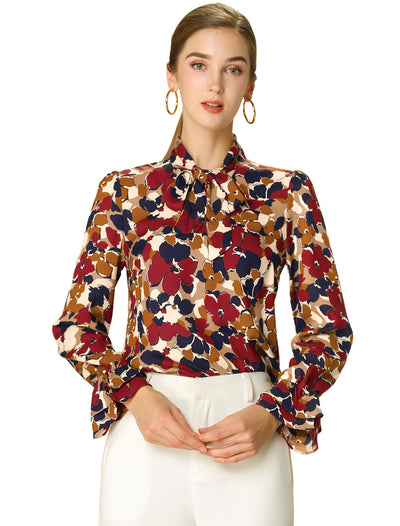 Valentine's Day Floral Tie V Neck Blouse Chiffon Ruffle Trumpet Top