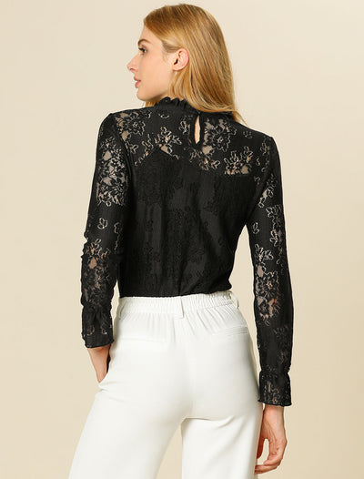 See Through Ruffle Frill Neck Long Sleeve Floral Lace Blouse