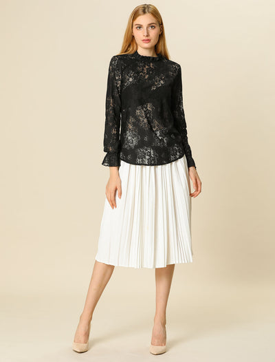 See Through Ruffle Frill Neck Long Sleeve Floral Lace Blouse