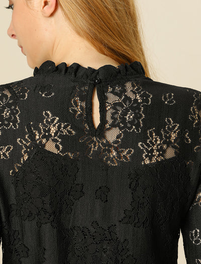 See Through Ruffle Frill Neck Long Sleeve Floral Lace Blouse