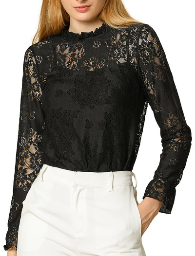 See Through Ruffle Frill Neck Long Sleeve Floral Lace Blouse