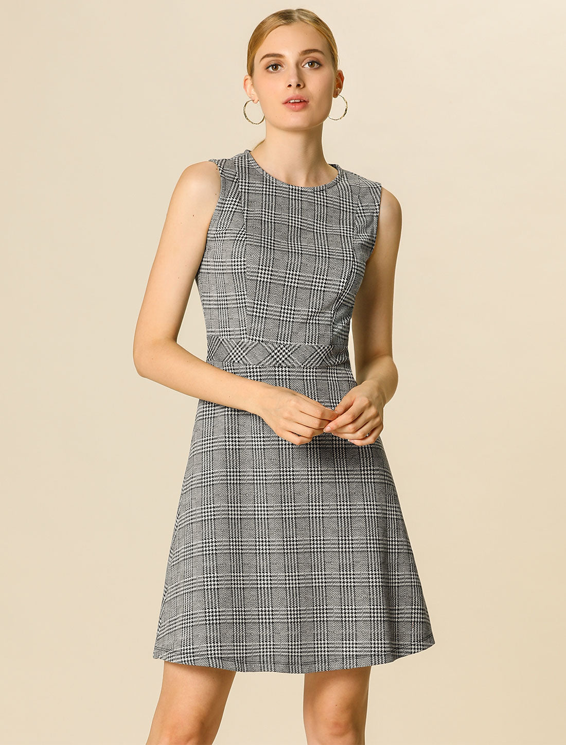 Allegra K Plaid Sleeveless Fit and Flare Houndstooth Work Dress