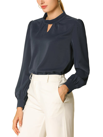 Keyhole Elegant Stand Collar Long Sleeve Chiffon Office Blouse