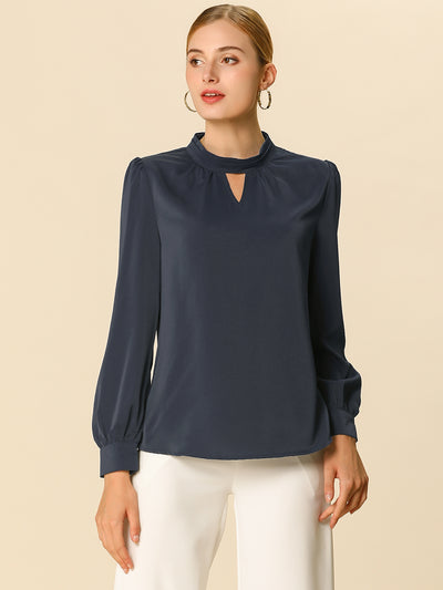 Keyhole Elegant Stand Collar Long Sleeve Chiffon Office Blouse