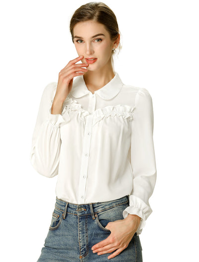 Button Down Ruffle Blouse Long Sleeve Peter Pan Collar Work Shirt Top