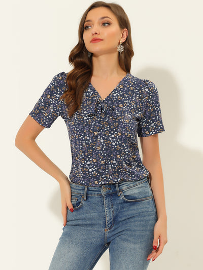 Bow Tie V Neck Short Sleeve Straight Loose Breathable Printed Blouse