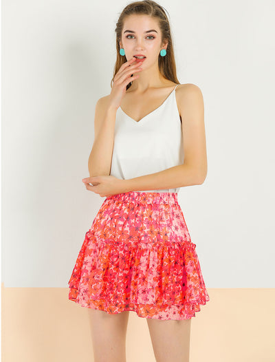 Floral Tiered Ruffle Cute Summer Flowy Chiffon Mini Skirt