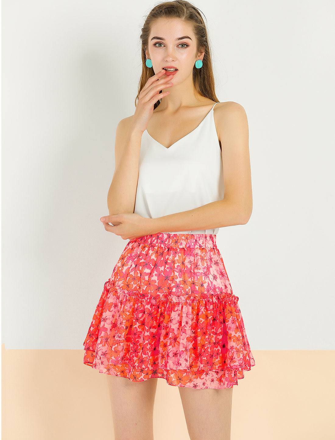 Allegra K Floral Tiered Ruffle Cute Summer Flowy Chiffon Mini Skirt