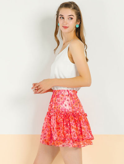 Floral Tiered Ruffle Cute Summer Flowy Chiffon Mini Skirt