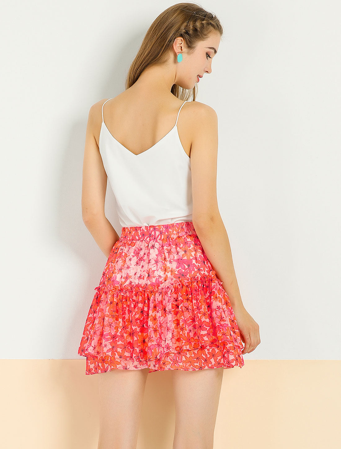 Allegra K Floral Tiered Ruffle Cute Summer Flowy Chiffon Mini Skirt