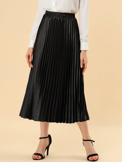 Elastic Waist Metallic Shiny Accordion Pleated Midi Skirt