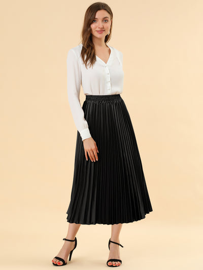 Elastic Waist Metallic Shiny Accordion Pleated Midi Skirt