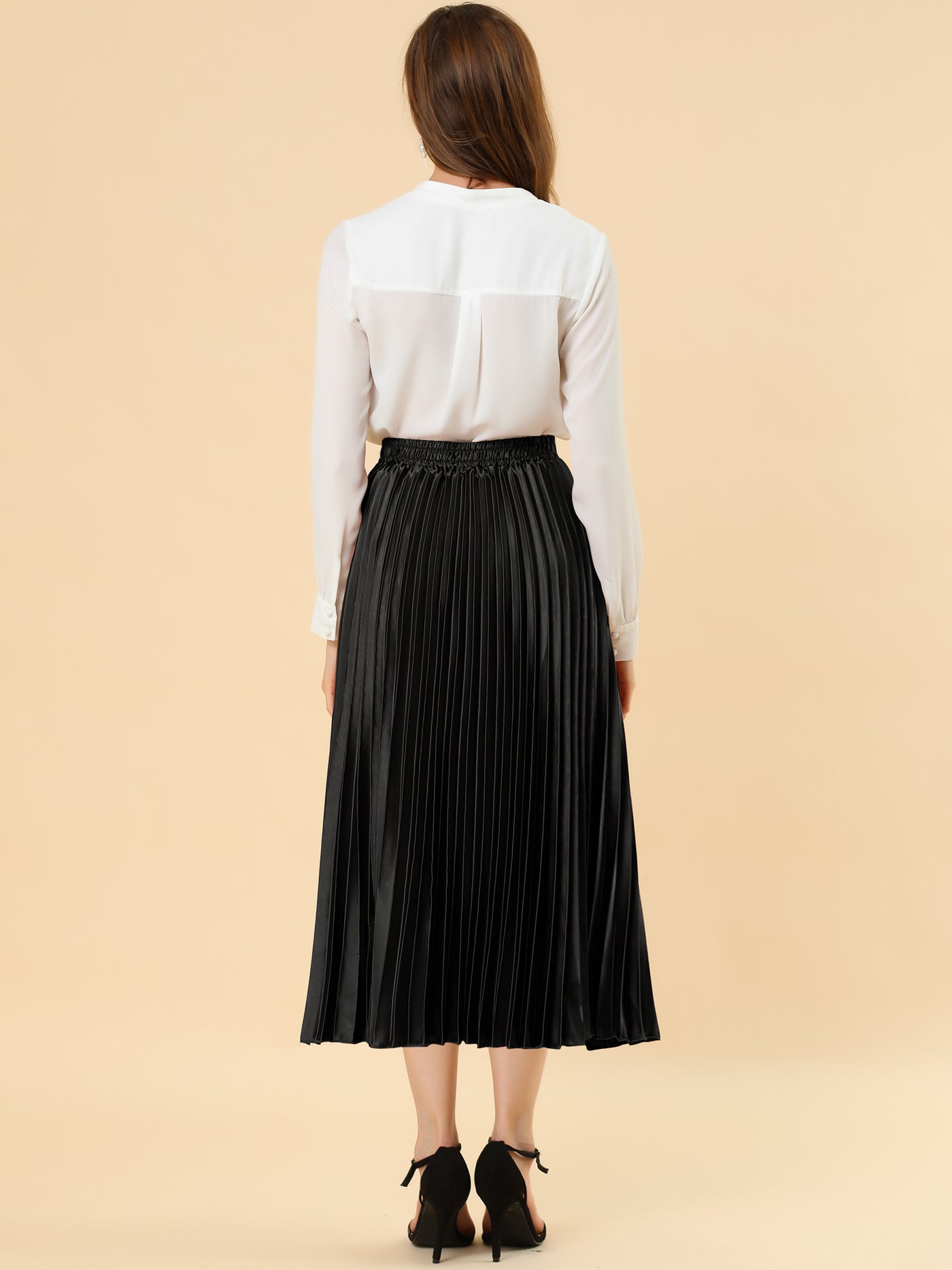 Allegra K Elastic Waist Metallic Shiny Accordion Pleated Midi Skirt