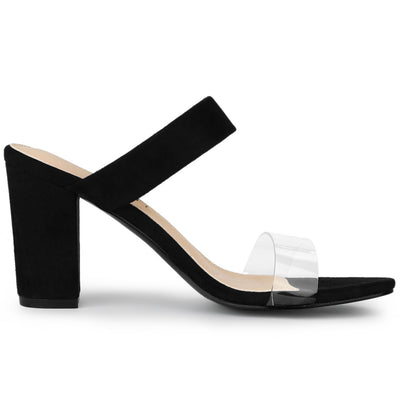 Open Toe Dual Clear Strap Block Heel Slides Mules Sandals