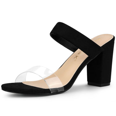 Open Toe Dual Clear Strap Block Heel Slides Mules Sandals