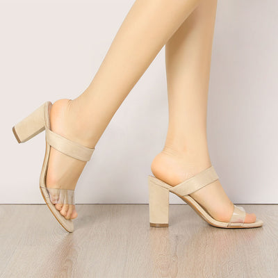 Open Toe Dual Clear Strap Block Heel Slides Mules Sandals