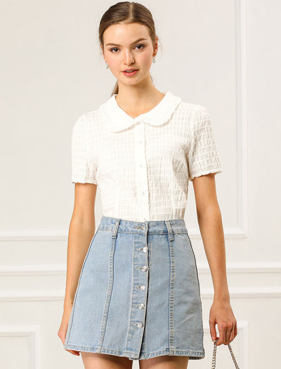 Peter Pan Collar Short Sleeves Textured Button Down Blouse