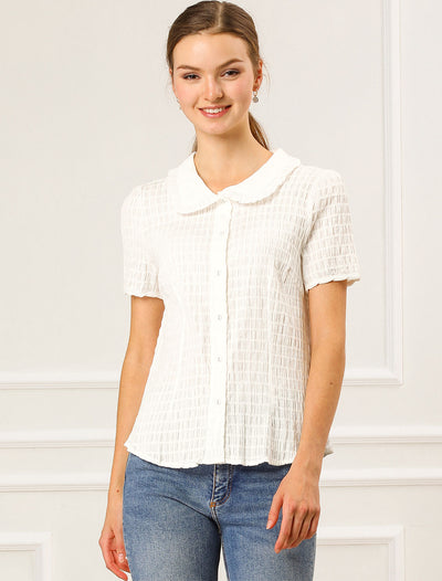 Peter Pan Collar Short Sleeves Textured Button Down Blouse