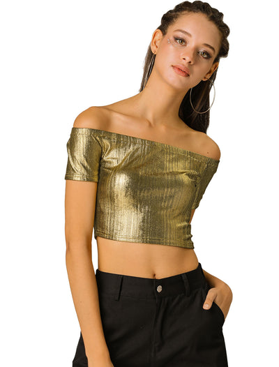 Halloween Off Shoulder Party Club Slim Fit Shiny Metallic Crop Top