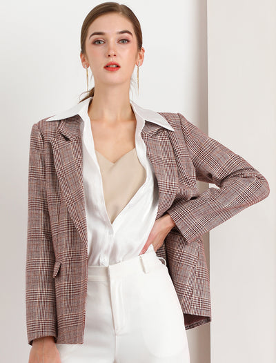 Plaid Notched Lapel One Button Houndstooth Blazer Jacket