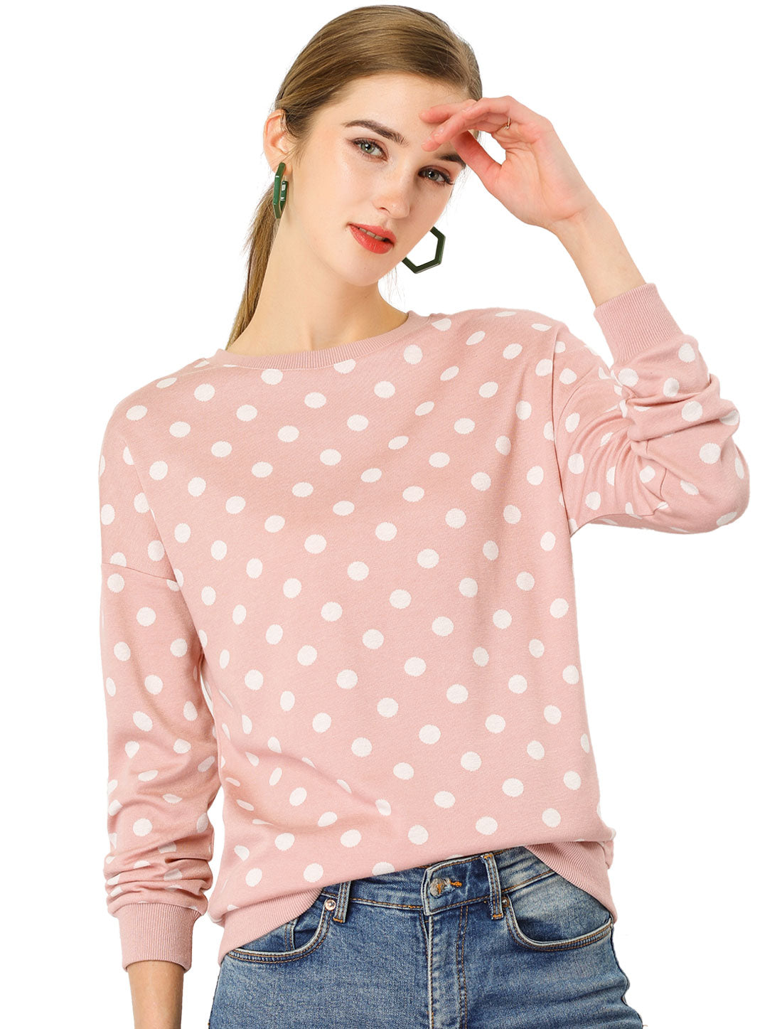 Allegra K Winter Knitted Pullover Sweatshirt Long Sleeve Polka Dot Sweater