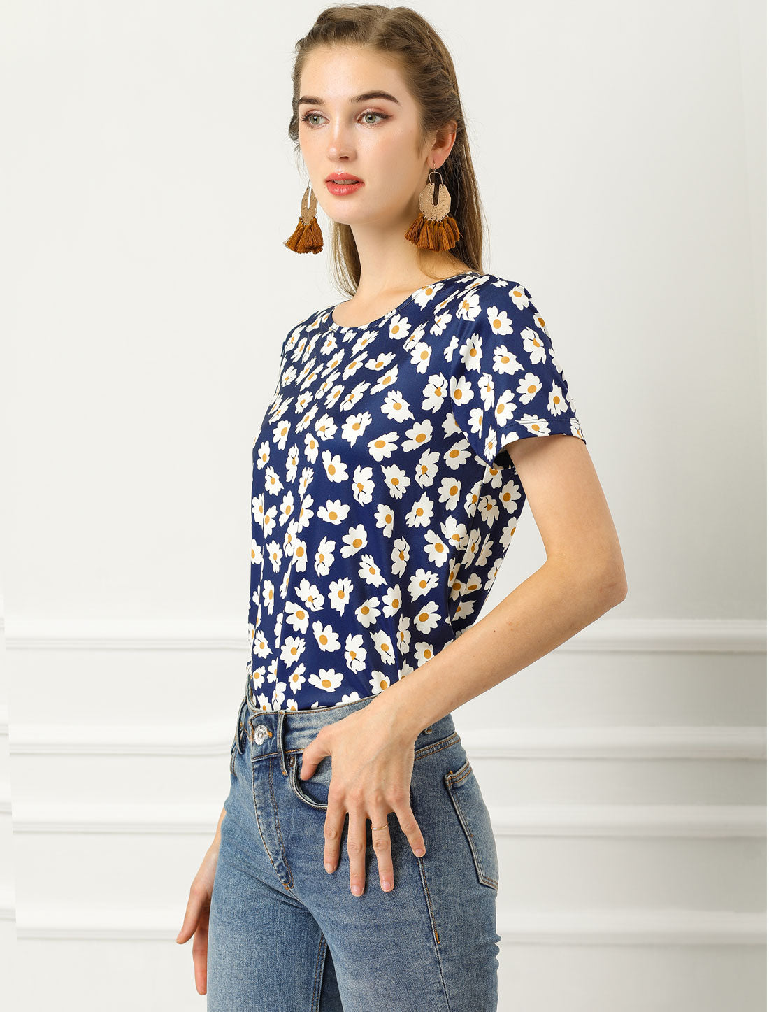 Floral Top Crew Neck Short Sleeve Blouse Summer Casual T-Shirt | Allegra K