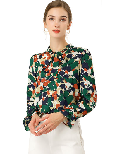 Valentine's Day Floral Tie V Neck Blouse Chiffon Ruffle Trumpet Top