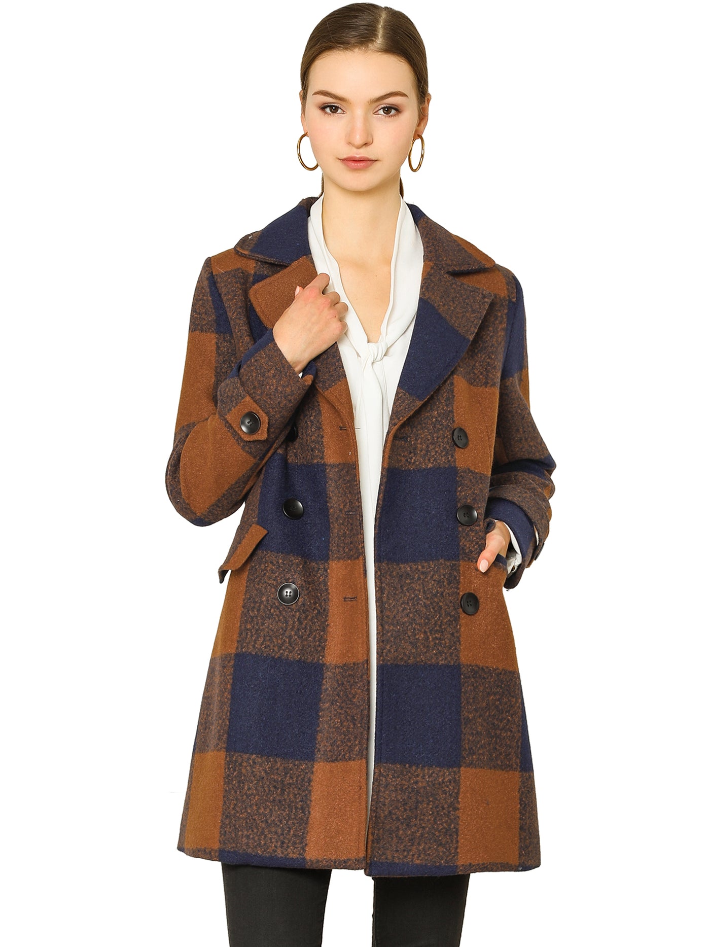 Allegra K Buffalo Checks Double Breasted Notched Lapel Plaid Trench Pea Coat