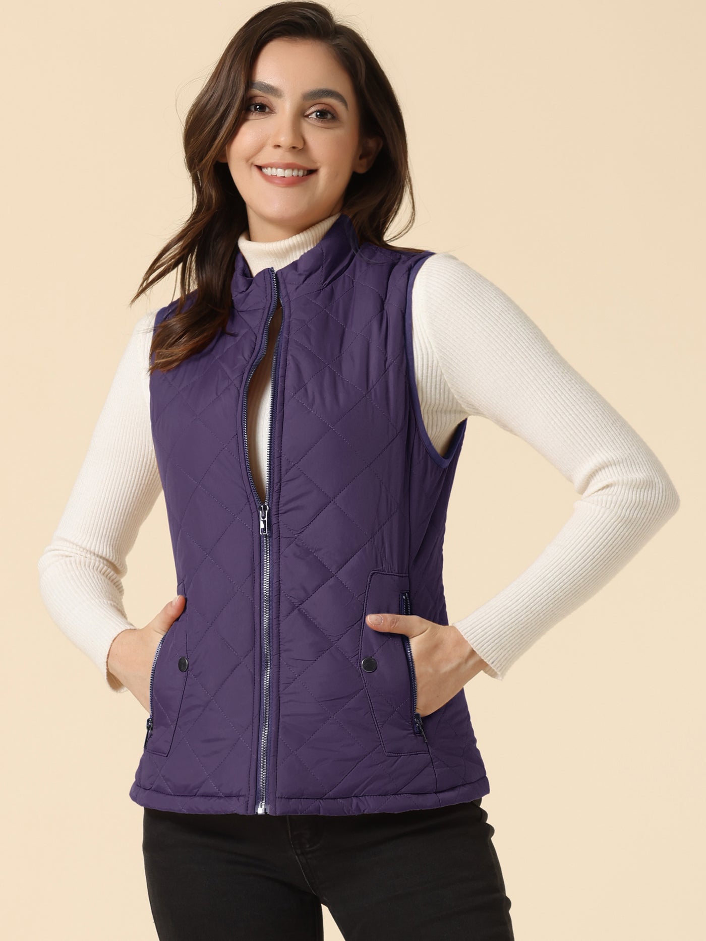 Allegra K Stand Collar Lightweight Gilet Quilted Zipper Vest