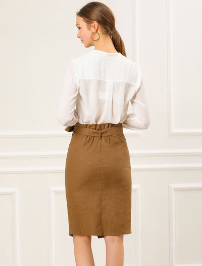 Button Decor Split Belted Smocked Vintage Short Pencil Skirt