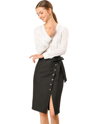 Button Decor Split Belted Smocked Vintage Short Pencil Skirt