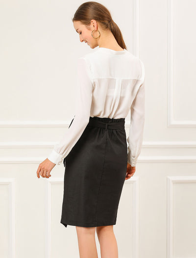 Button Decor Split Belted Smocked Vintage Short Pencil Skirt