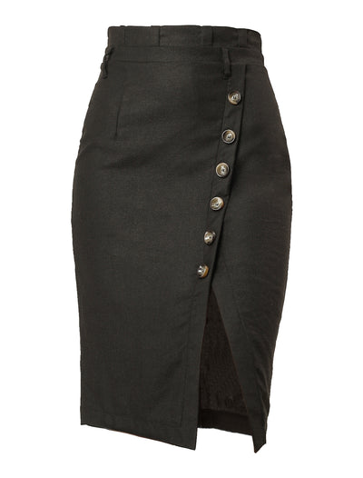 Button Decor Split Belted Smocked Vintage Short Pencil Skirt