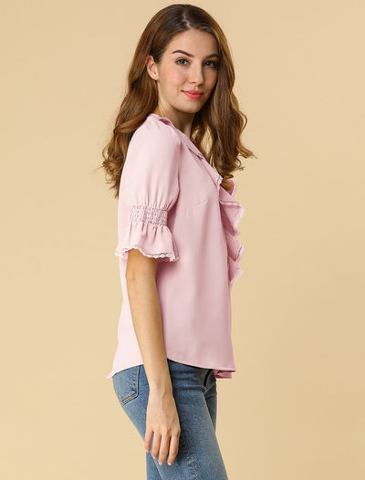 Ruffle Puff Sleeve Lace Trim Chiffon Peasant Blouse